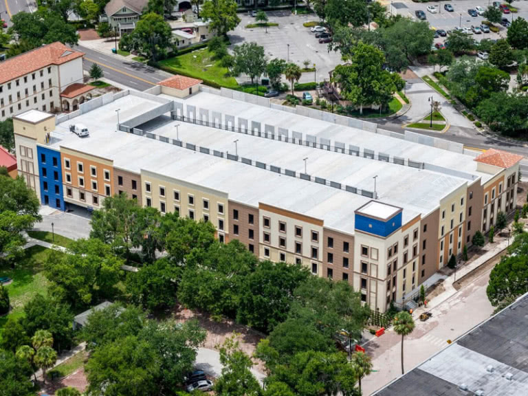 An aerial view of the Rollins College Garage